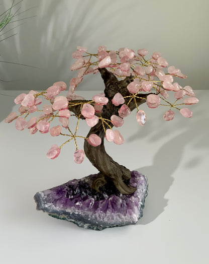 Rose Quartz tree on amethyst