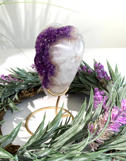 One-of-a-Kind Agate Heart with Amethyst Druzy on Custom Stand