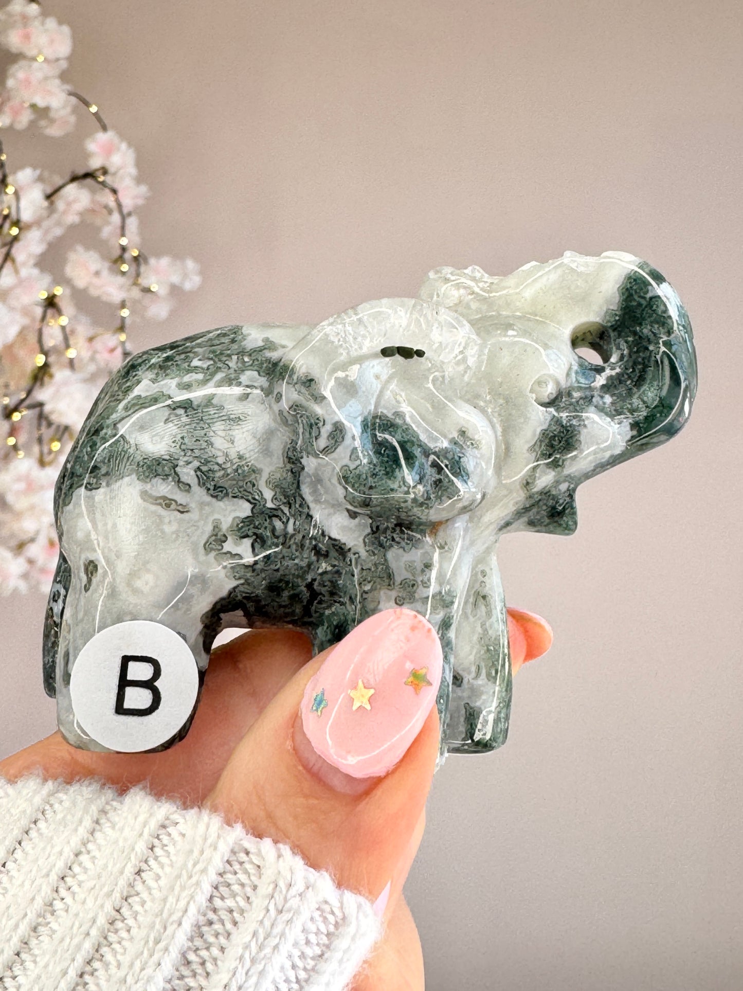 Hand Carved Moss Agate Elephant | Crystal Figurine | Choose Your Piece (A–K)