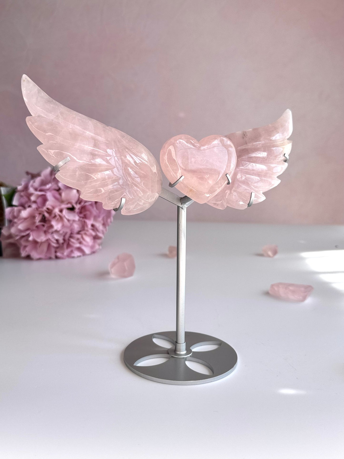 Rose Quartz Angel Wings with Heart on Stand