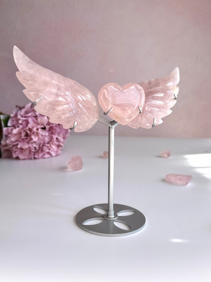 Rose Quartz Angel Wings with Heart on Stand