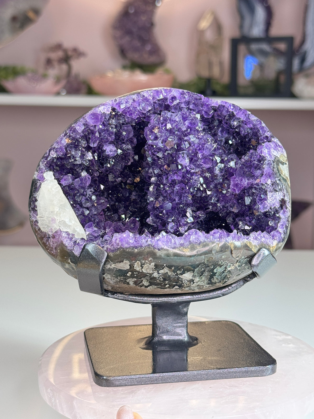 Beautiful Uruguay Amethyst Geode with White Calcite on Custom Stand