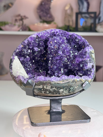 Beautiful Uruguay Amethyst Geode with White Calcite on Custom Stand