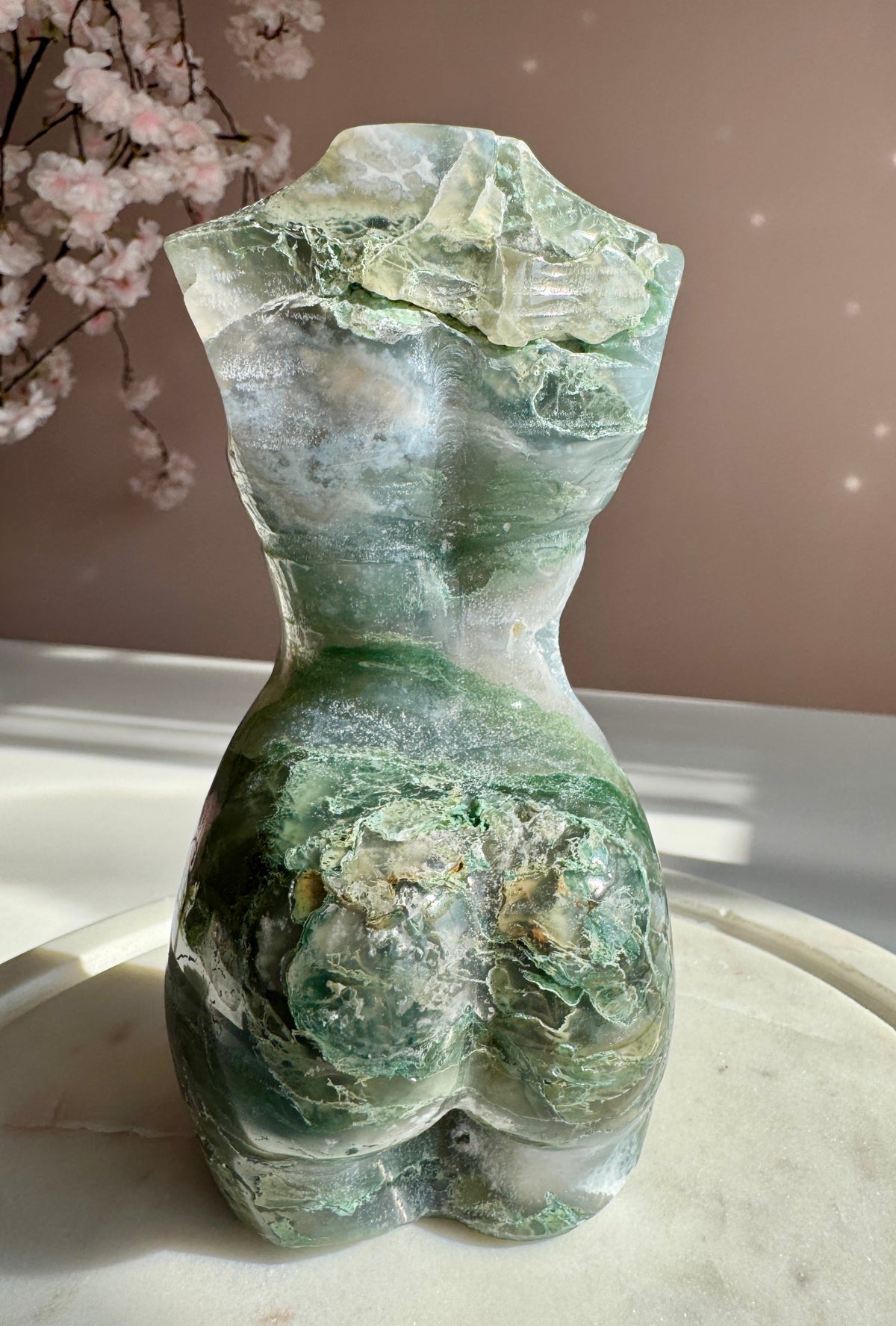 Natural Moss Agate Goddess Body Carving with Druzy | Divine Feminine Crystal Statue