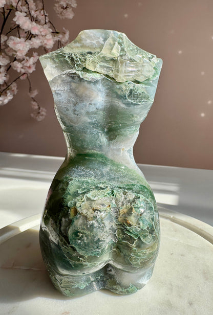 Natural Moss Agate Goddess Body Carving with Druzy | Divine Feminine Crystal Statue