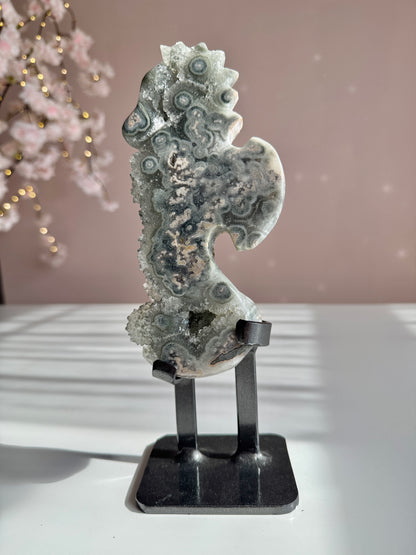 Green Amethyst Druzy Seahorse with Natural Stalactites