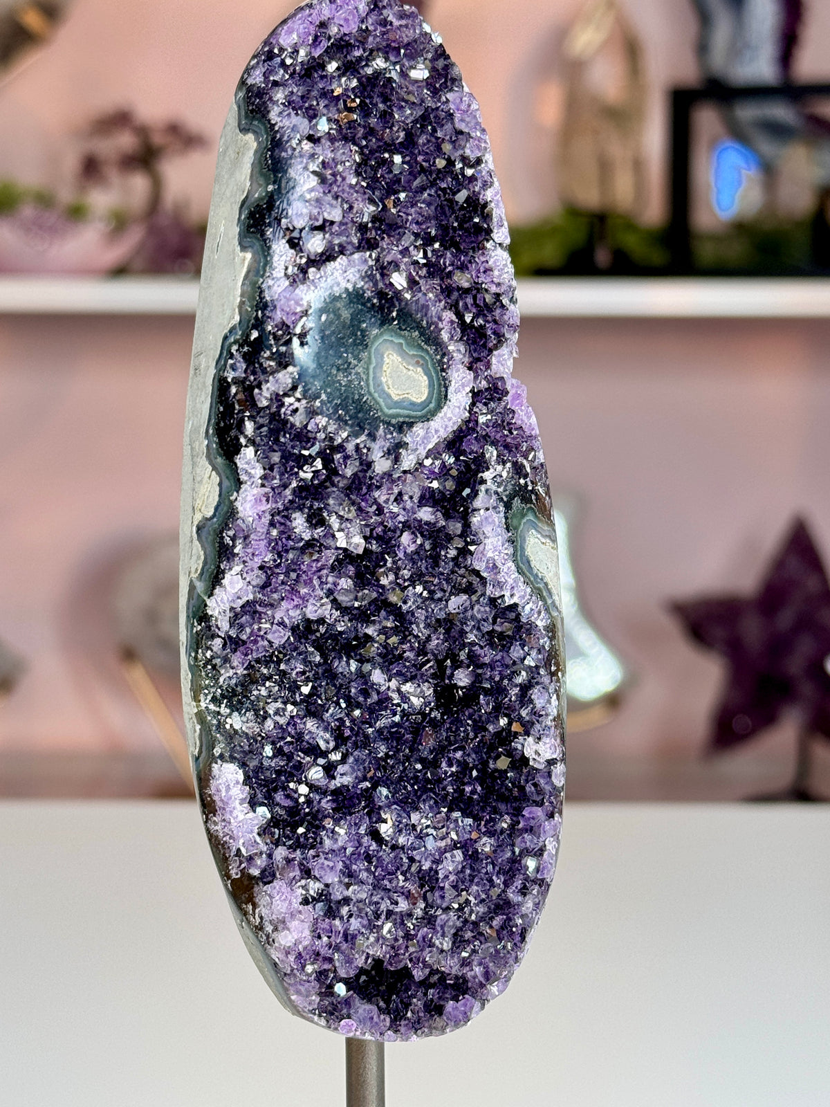 Uruguay Amethyst on Stand | Deep Purple Druzy with Agate Eyes