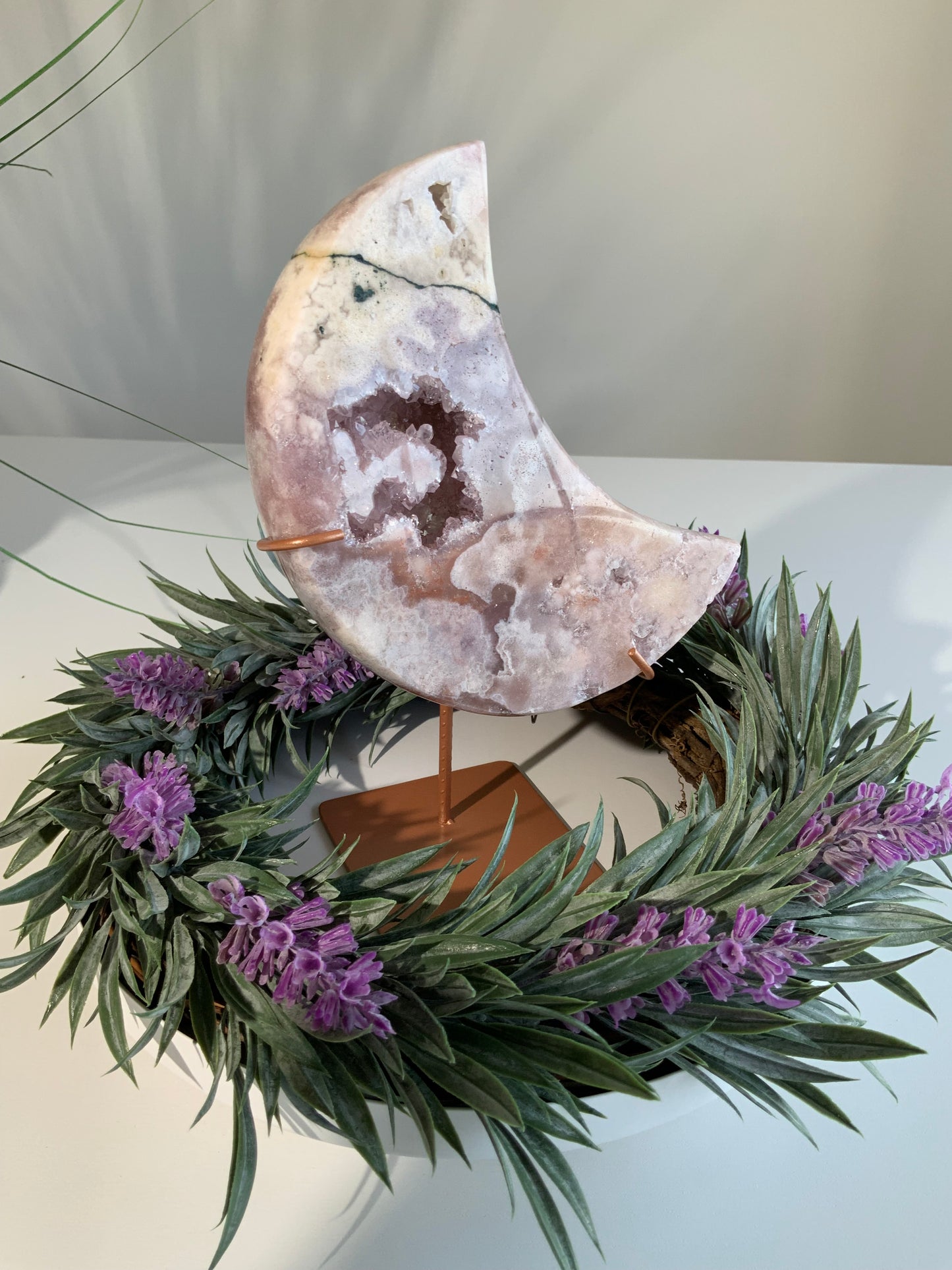 Pink Amethyst Druzy Moon on Stand — Ethereal Statement Piece