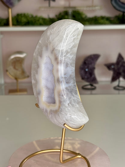 Beautiful Agate Crescent Moon with Lavender Druzy Center on Gold Stand