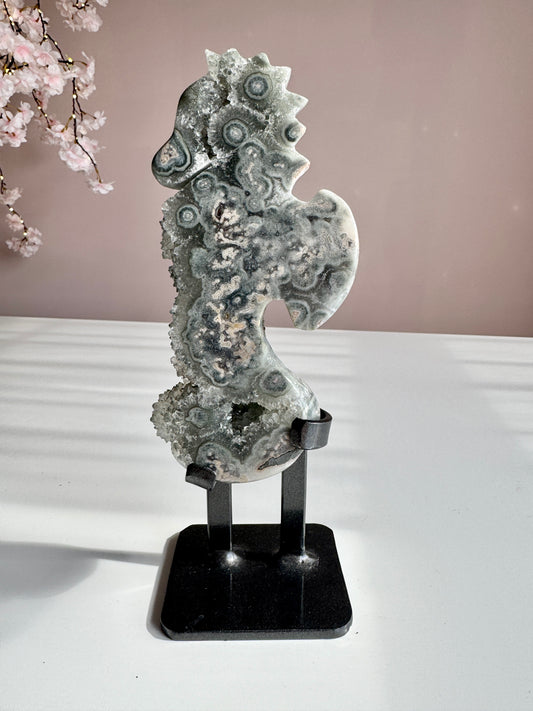 Green Amethyst Druzy Seahorse with Natural Stalactites