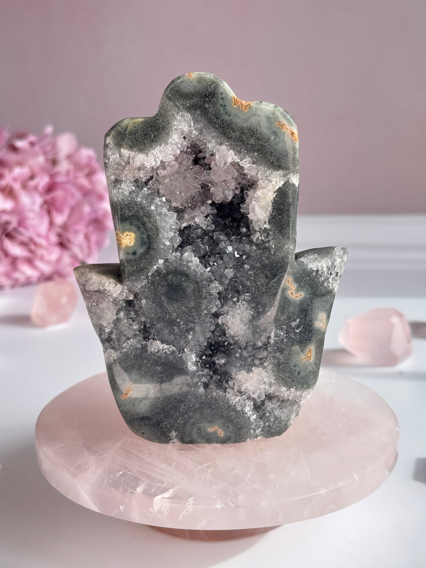 Natural Uruguay Green Amethyst Hamsa with Sparkling Druzy Quartz