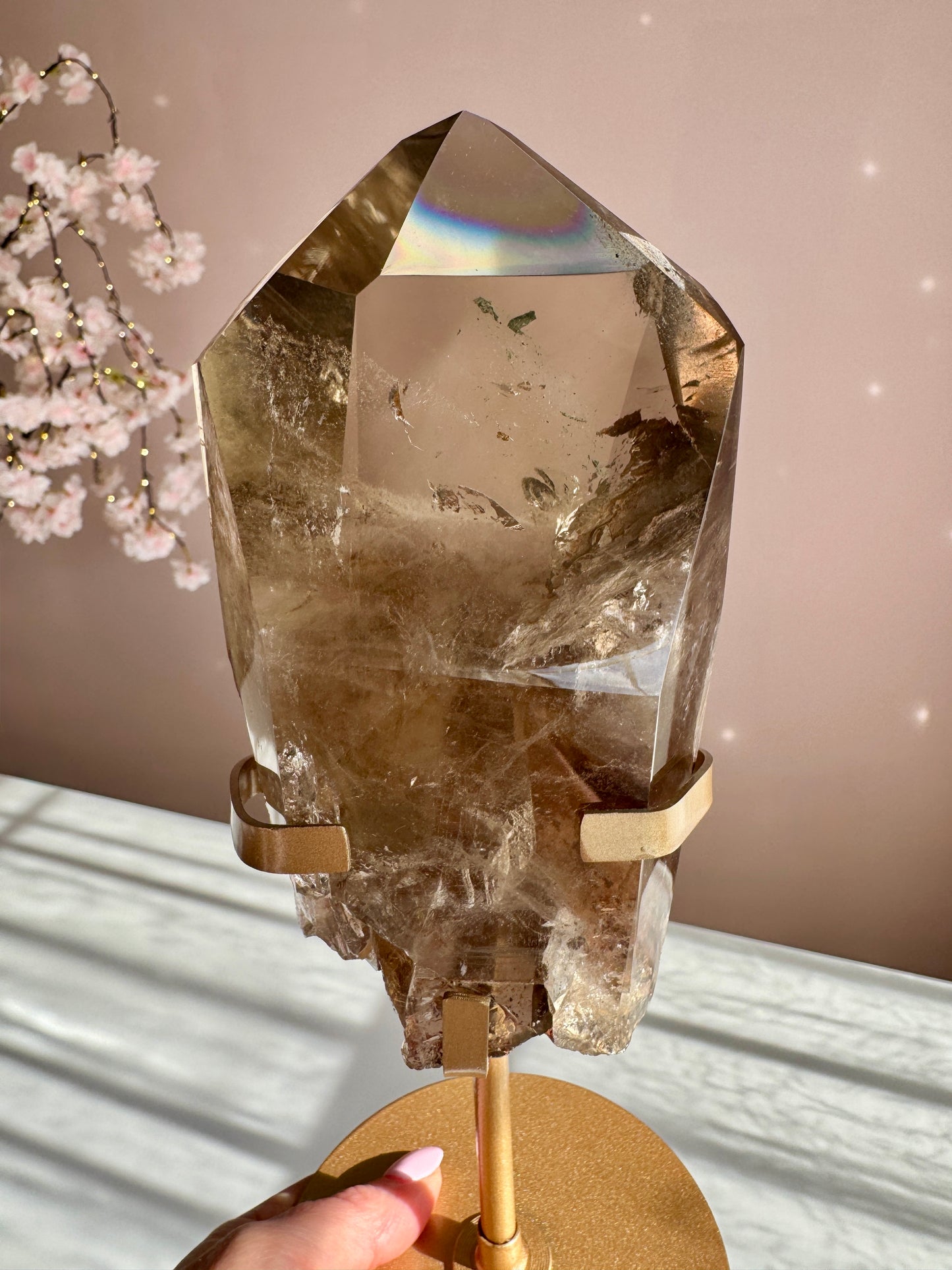 Rare Double Phantom Smoky Quartz Point with Rainbow on Gold Stand