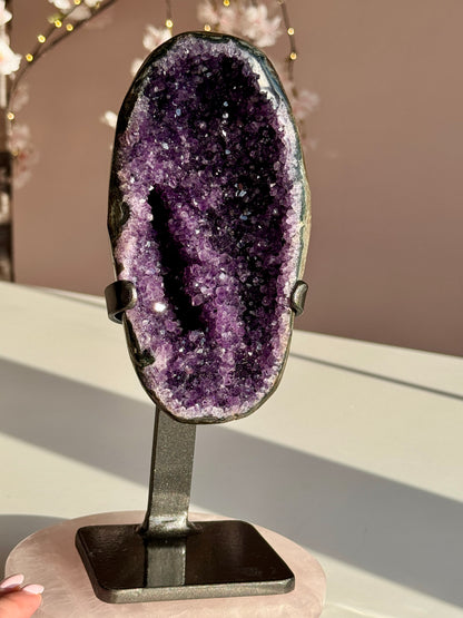 Premium Uruguay Amethyst Geode on Custom Stand | Deep Purple Collector Quality Crystal