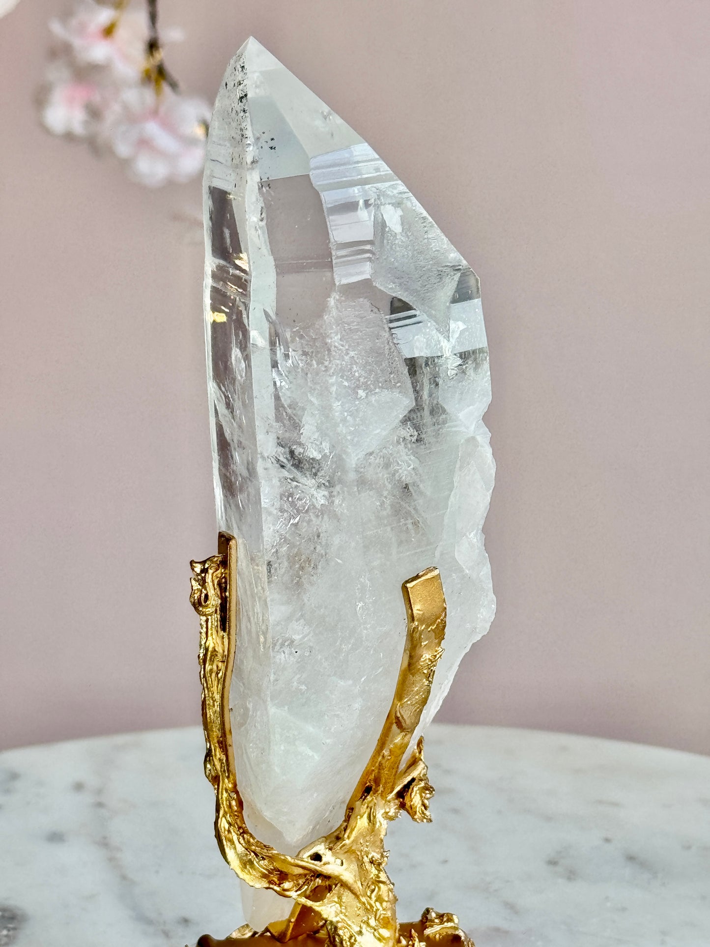 Lemurian Quartz with Black Tourmaline Inclusions  on Custom Gold Stand