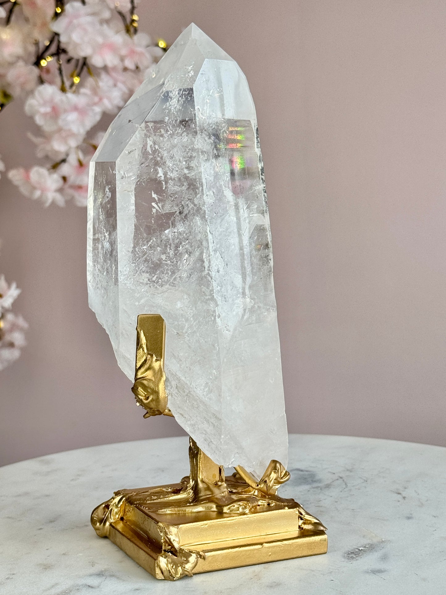 Lemurian Quartz Statement on Sculptural Gold Stand