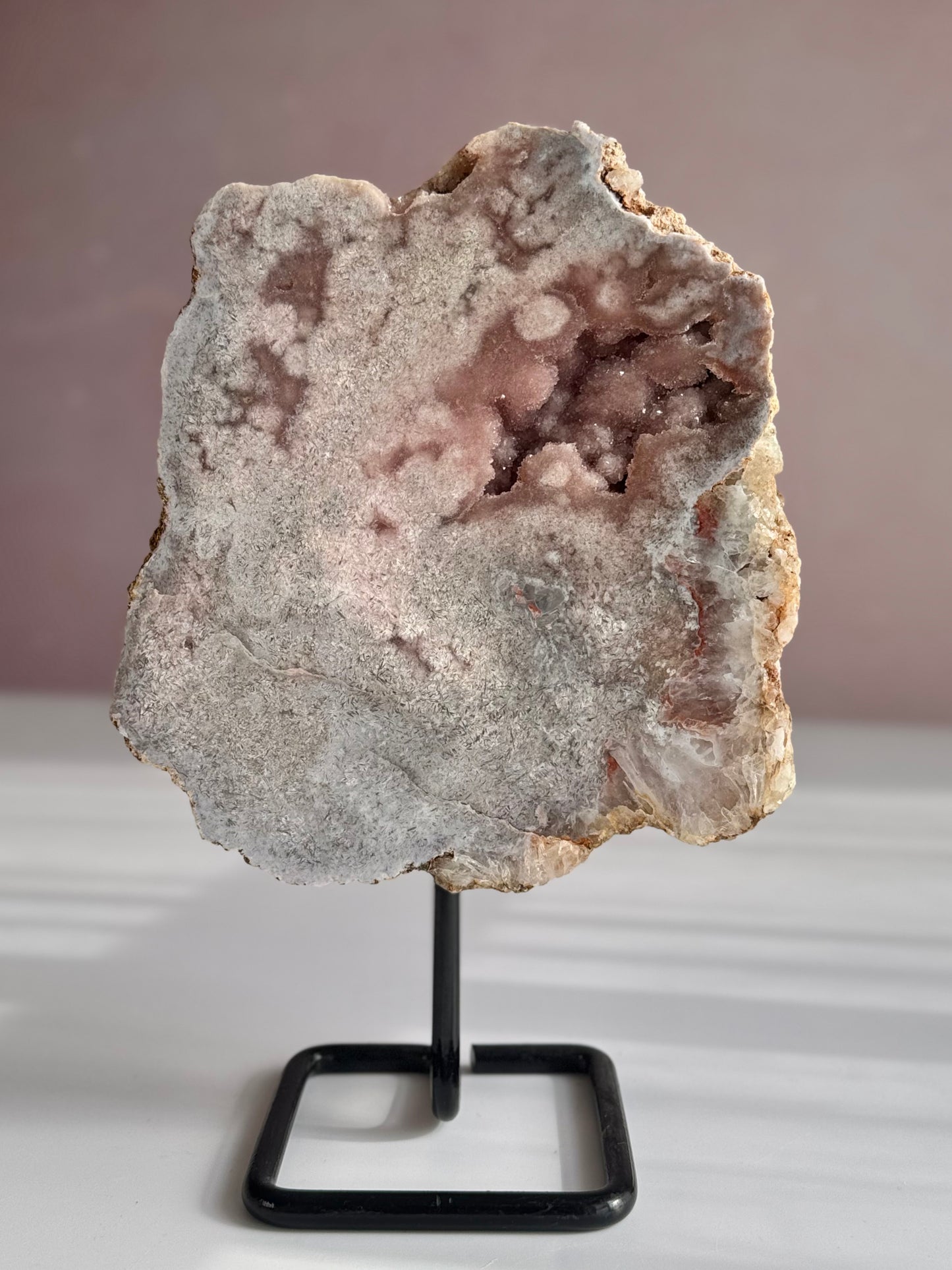 Pink amethyst with druzy on stand statement
