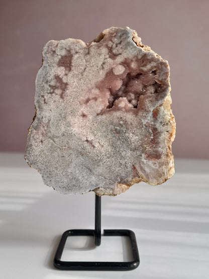 Pink amethyst with druzy on stand statement