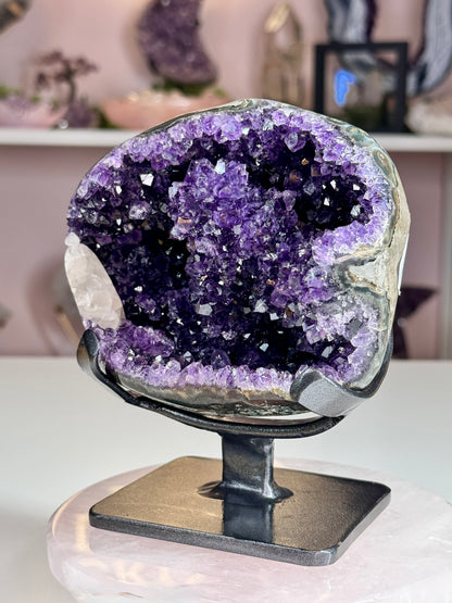 Beautiful Uruguay Amethyst Geode with White Calcite on Custom Stand