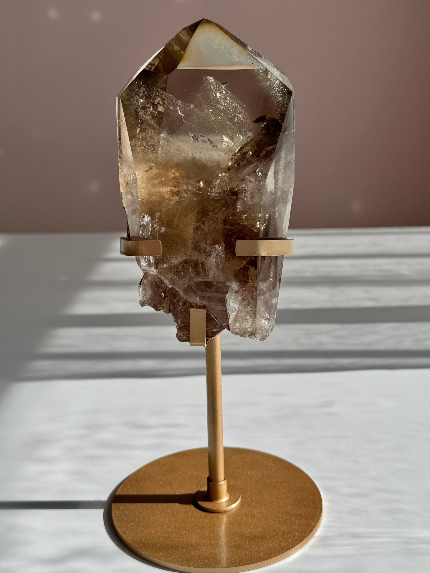 Rare Double Phantom Smoky Quartz Point with Rainbow on Gold Stand