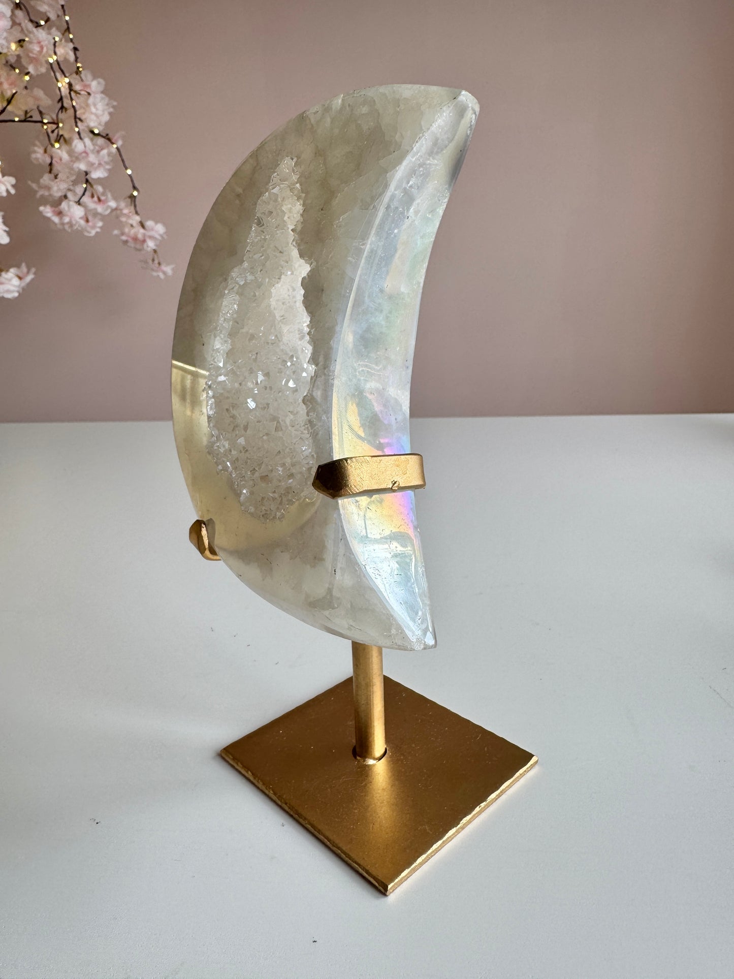Beautiful Aura Druzy Crescent Moon on Gold Stand