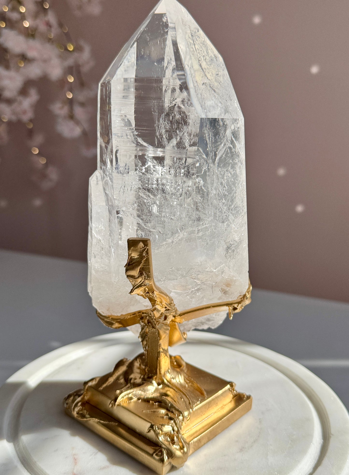 Lemurian Quartz Statement on Sculptural Gold Stand