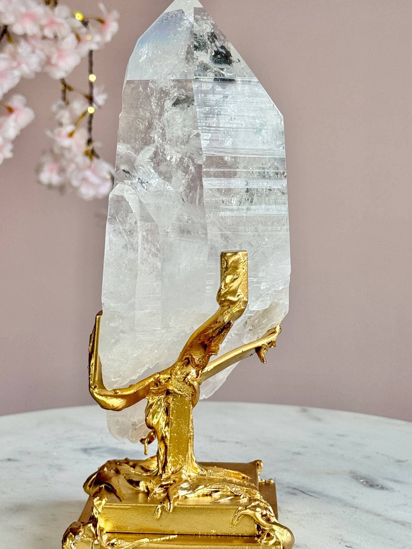 Lemurian Quartz Statement on Sculptural Gold Stand