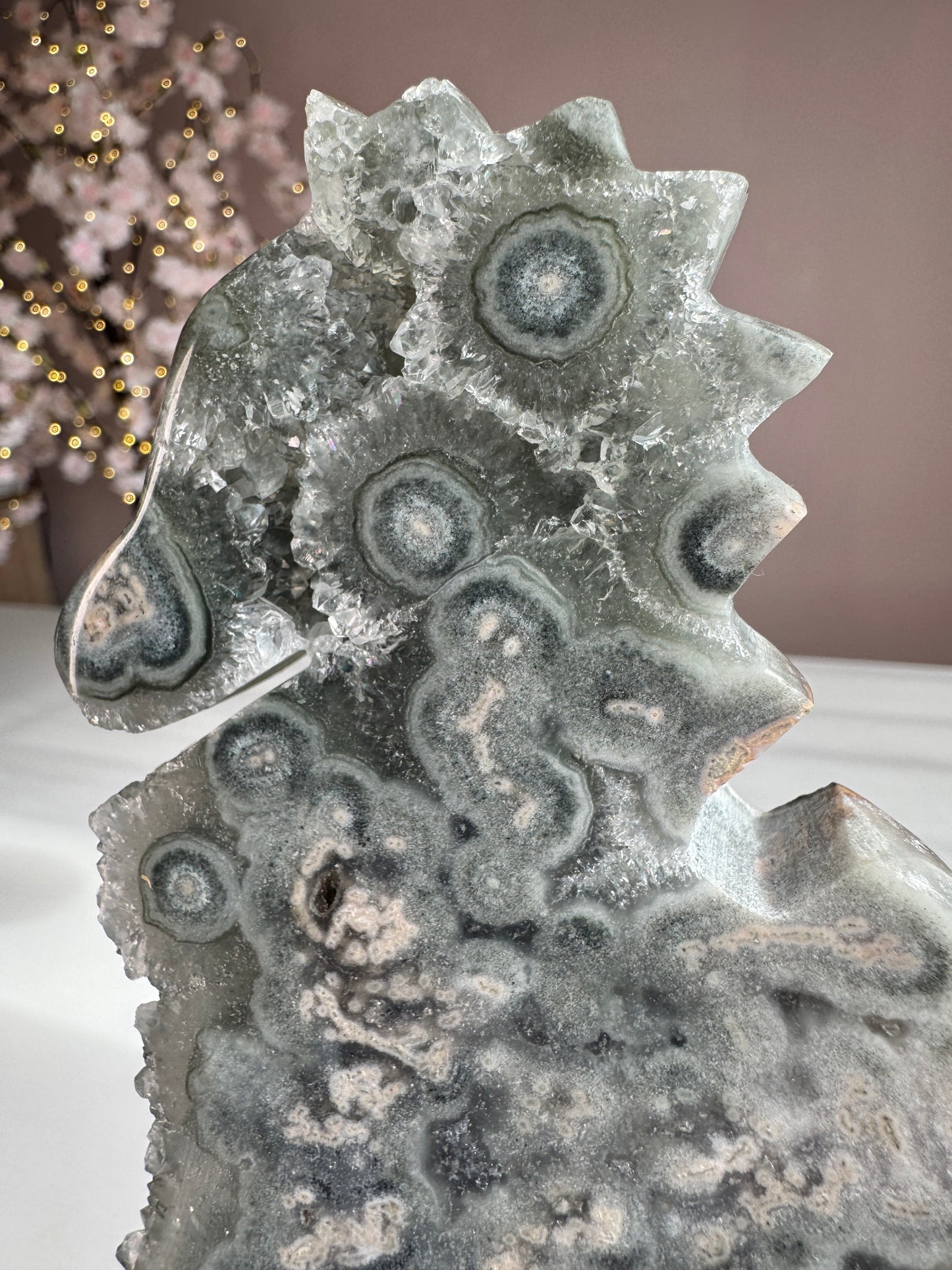 Green Amethyst Druzy Seahorse with Natural Stalactites