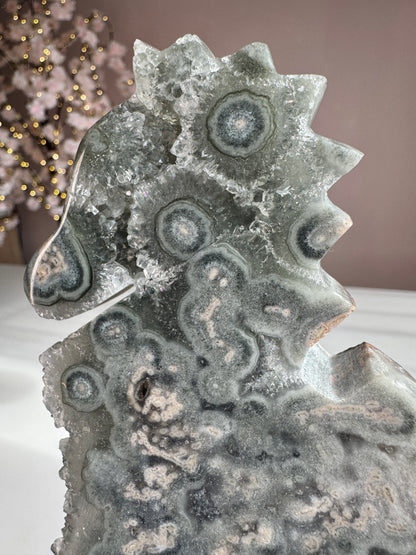 Green Amethyst Druzy Seahorse with Natural Stalactites