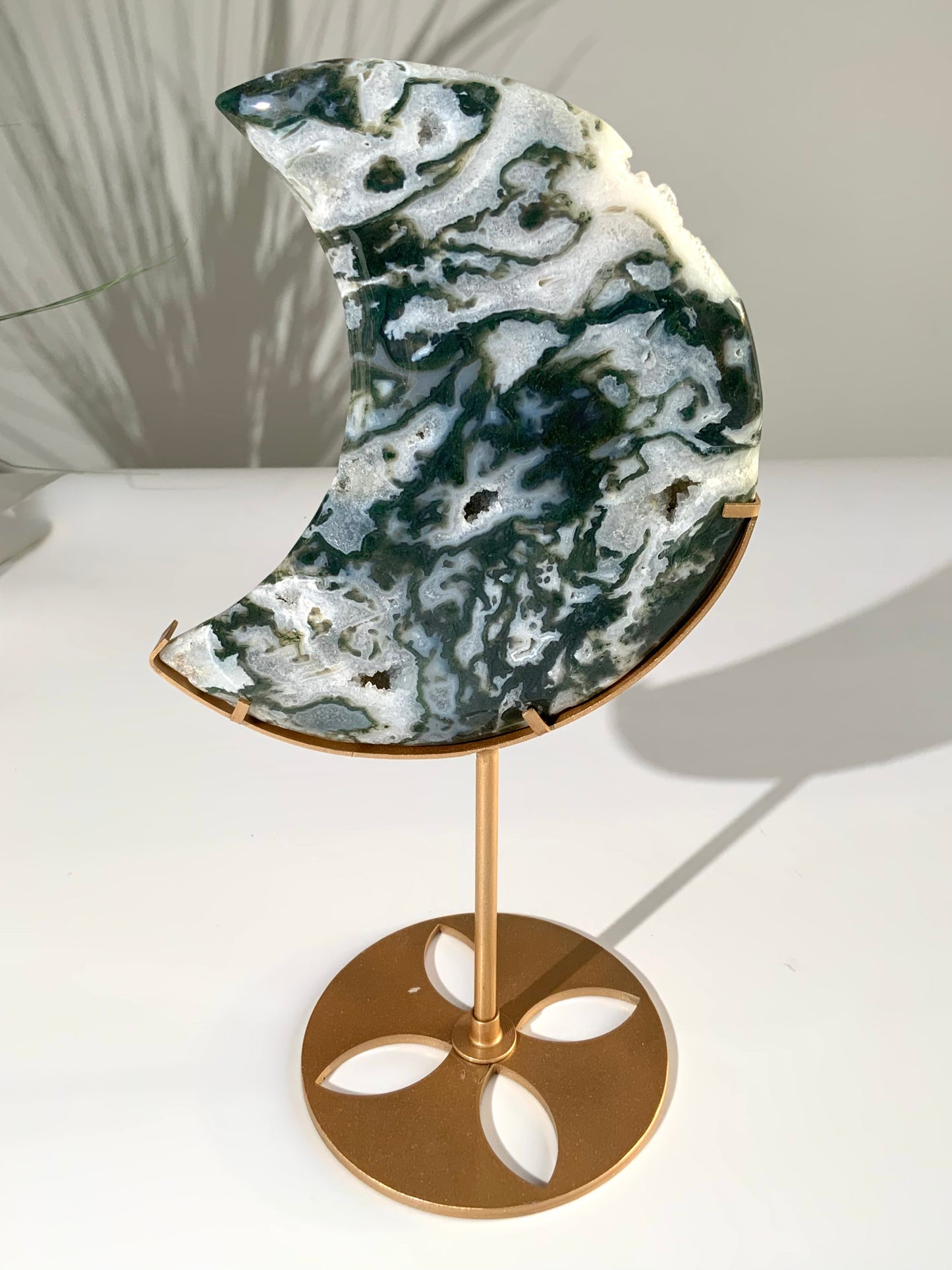 Large Beautiful Moss Agate Moon on Stand | Grounding • Growth • New Beginnings