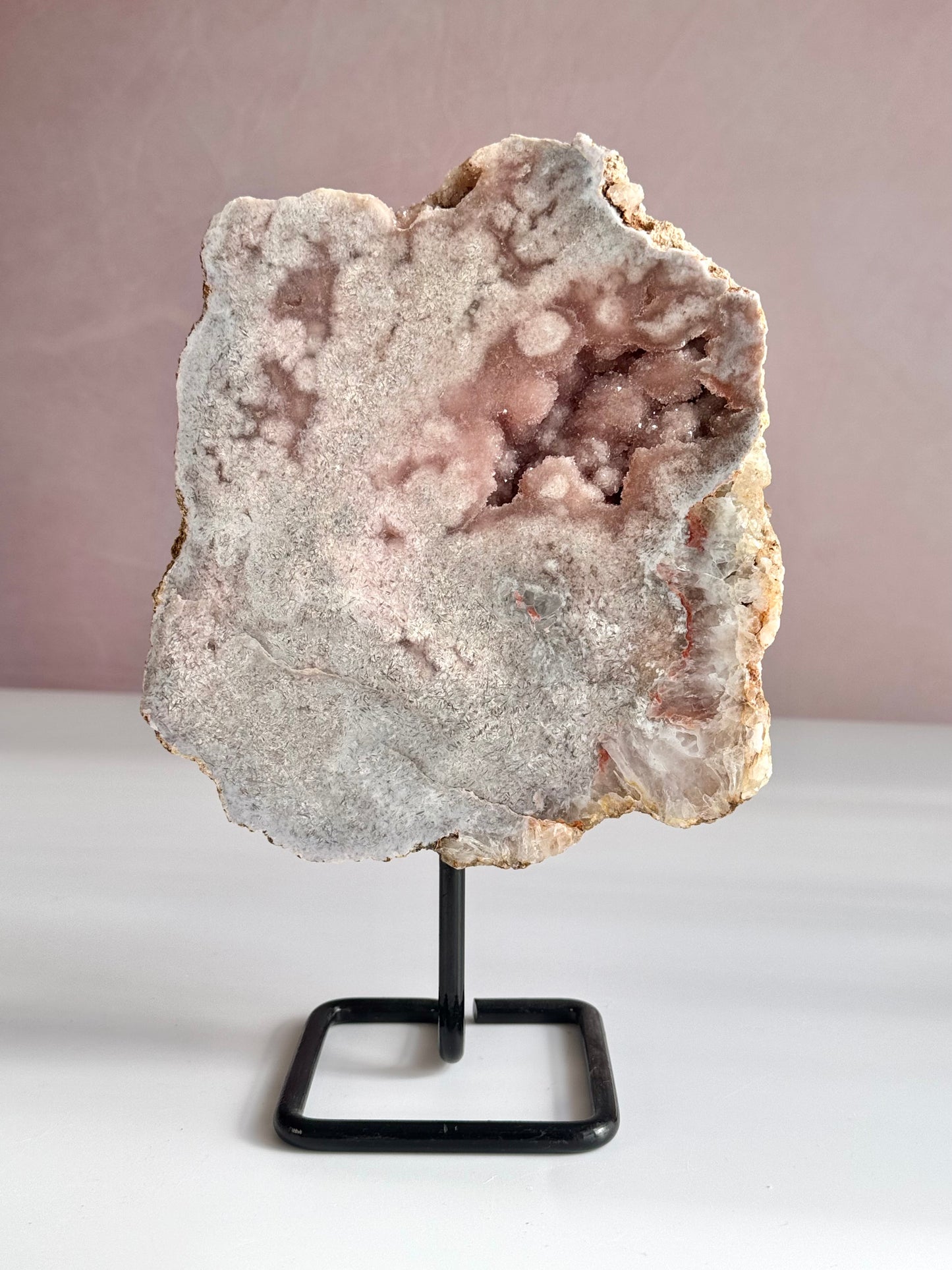 Pink amethyst with druzy on stand statement