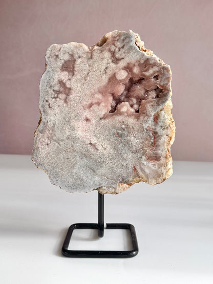 Pink amethyst with druzy on stand statement