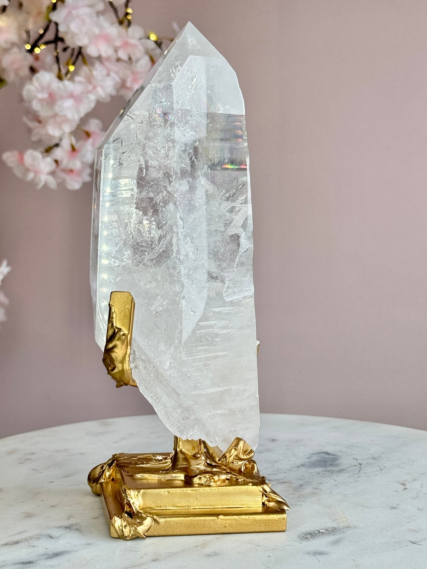 Lemurian Quartz Statement on Sculptural Gold Stand