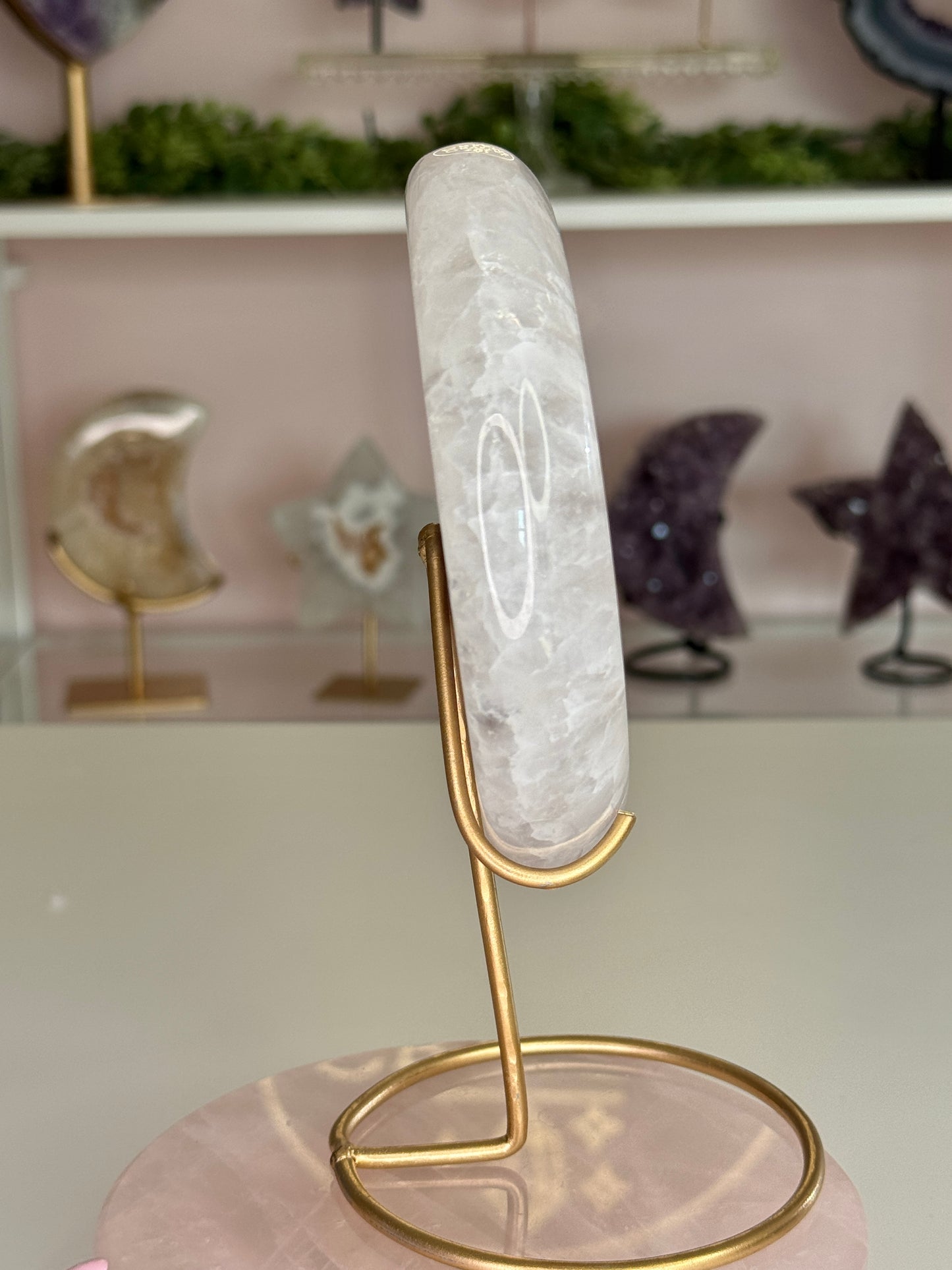Beautiful Agate Crescent Moon with Lavender Druzy Center on Gold Stand