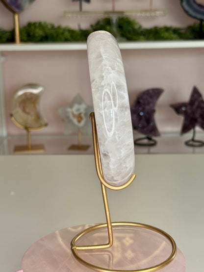 Beautiful Agate Crescent Moon with Lavender Druzy Center on Gold Stand