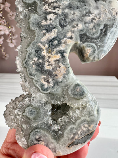 Green Amethyst Druzy Seahorse with Natural Stalactites