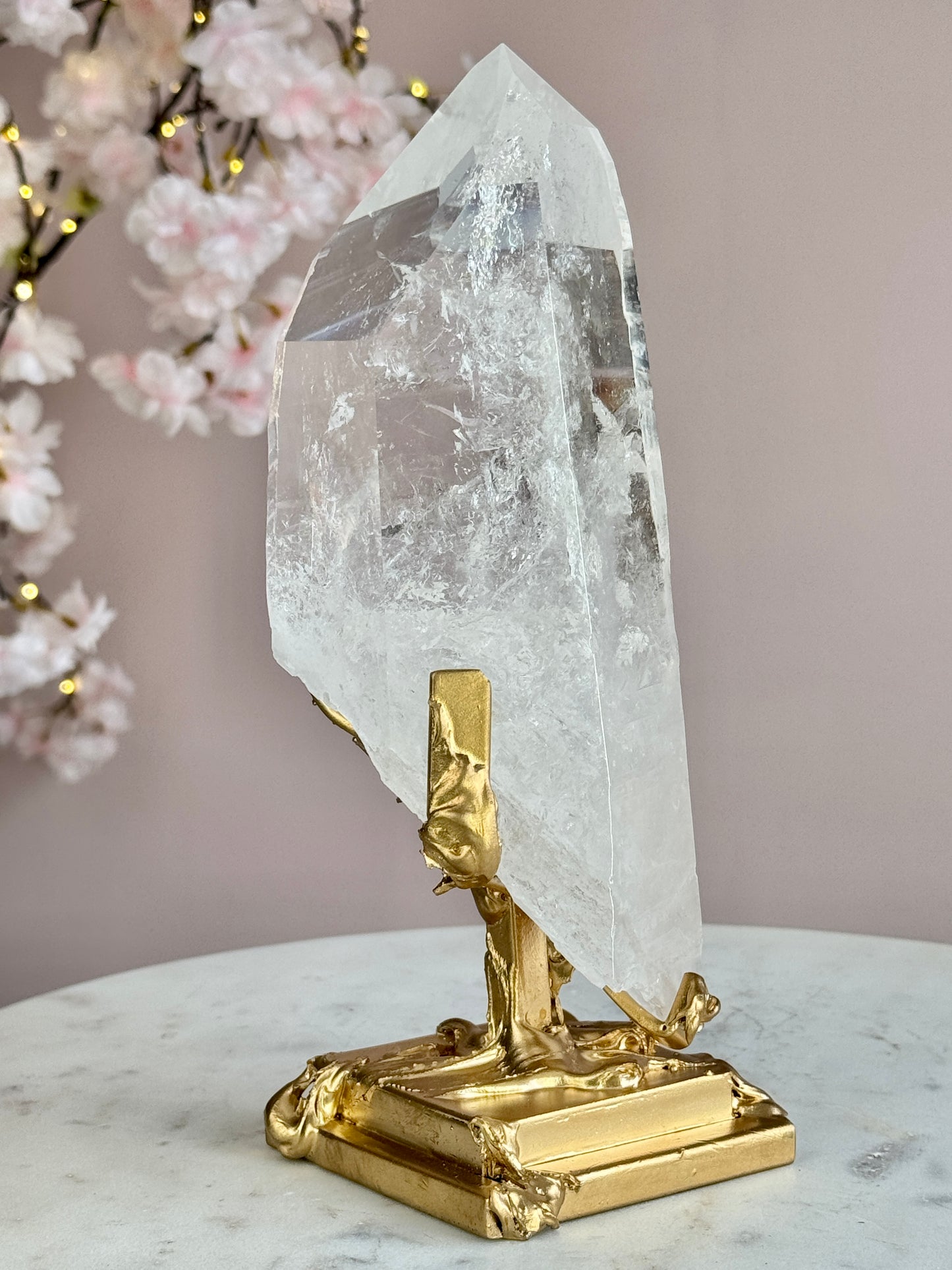 Lemurian Quartz Statement on Sculptural Gold Stand