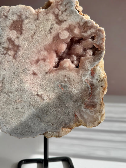 Pink amethyst with druzy on stand statement