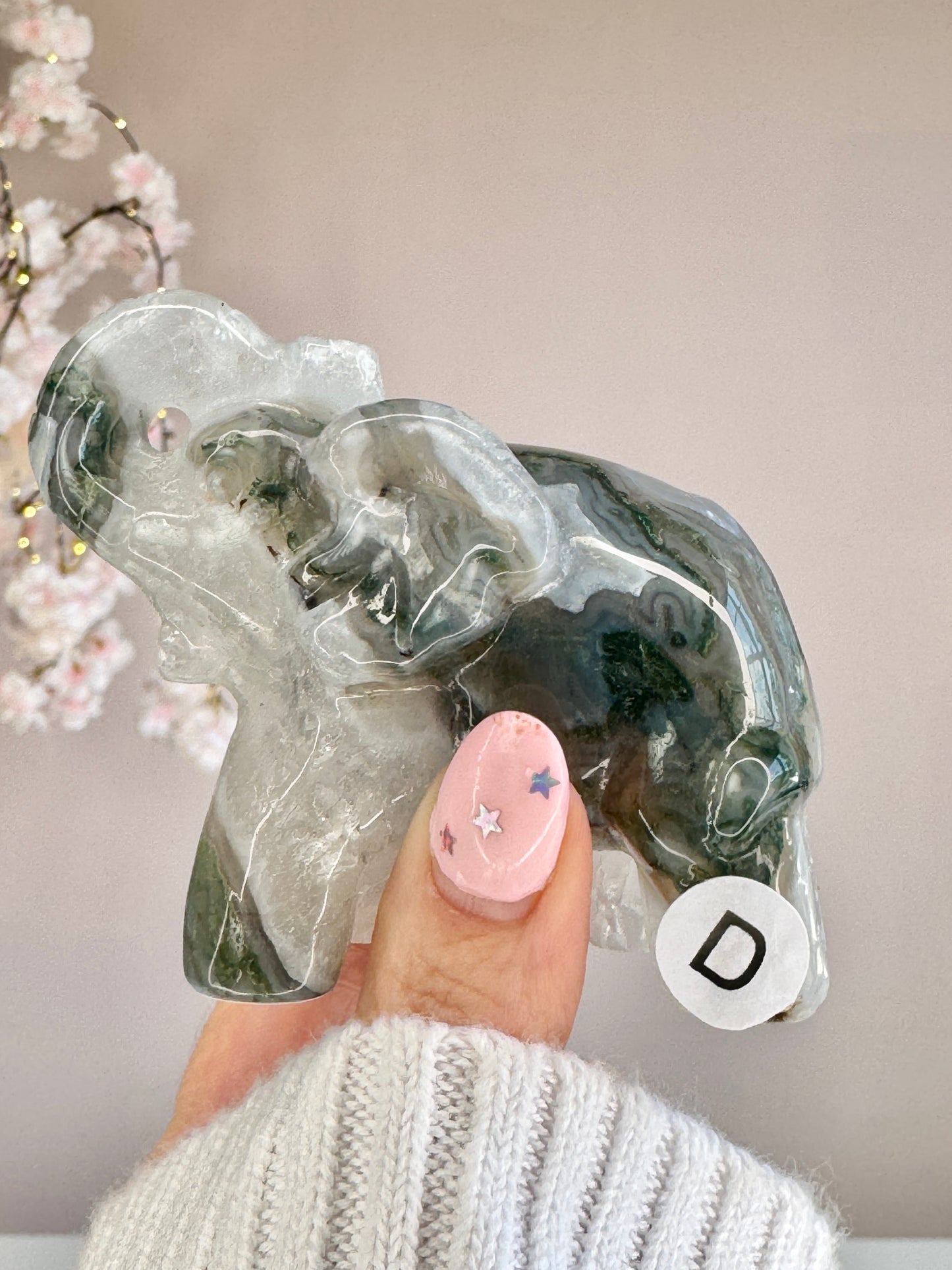 Hand Carved Moss Agate Elephant | Crystal Figurine | Choose Your Piece (A–K)