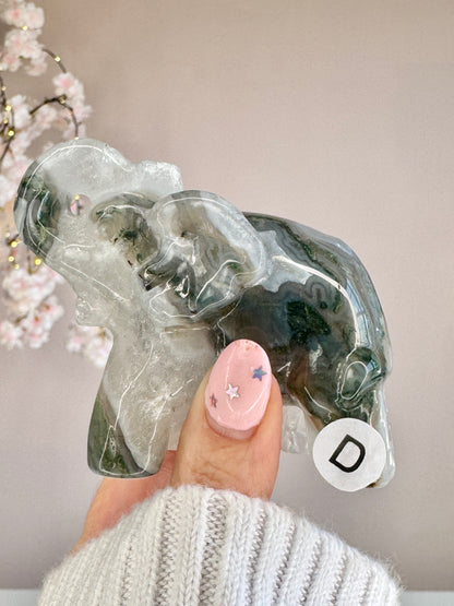 Hand Carved Moss Agate Elephant | Crystal Figurine | Choose Your Piece (A–K)