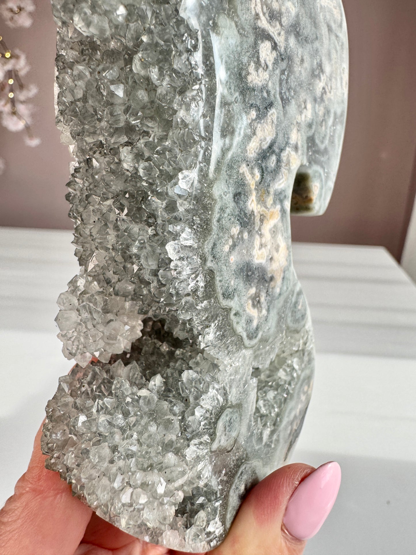 Green Amethyst Druzy Seahorse with Natural Stalactites
