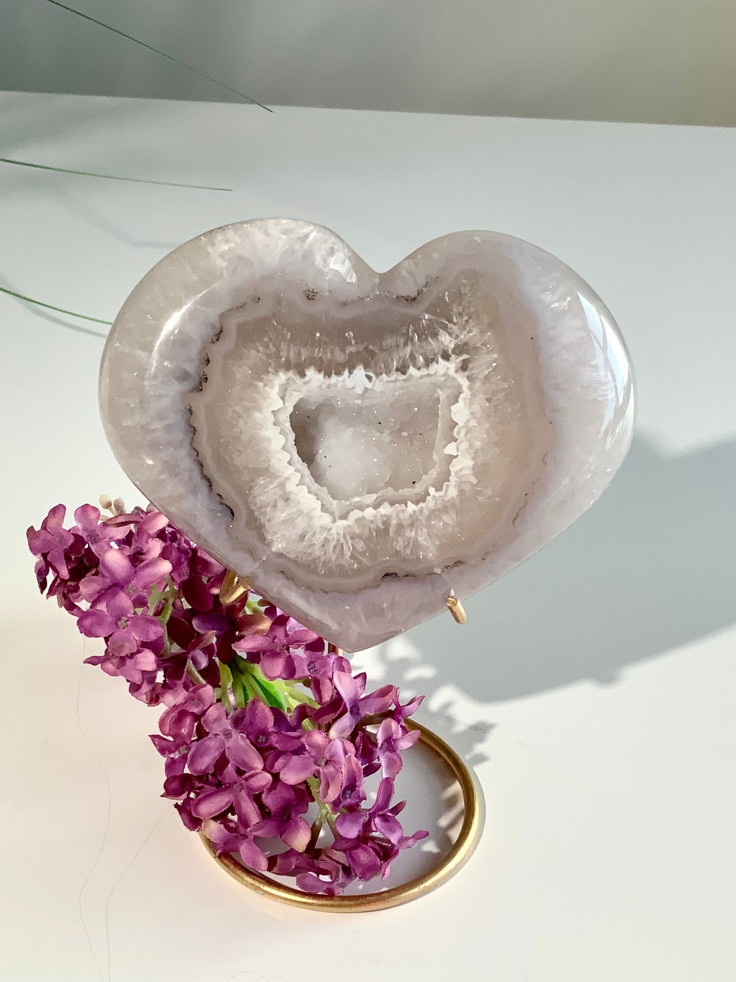 Beautiful Agate Heart with Druzy & Gold Stand
