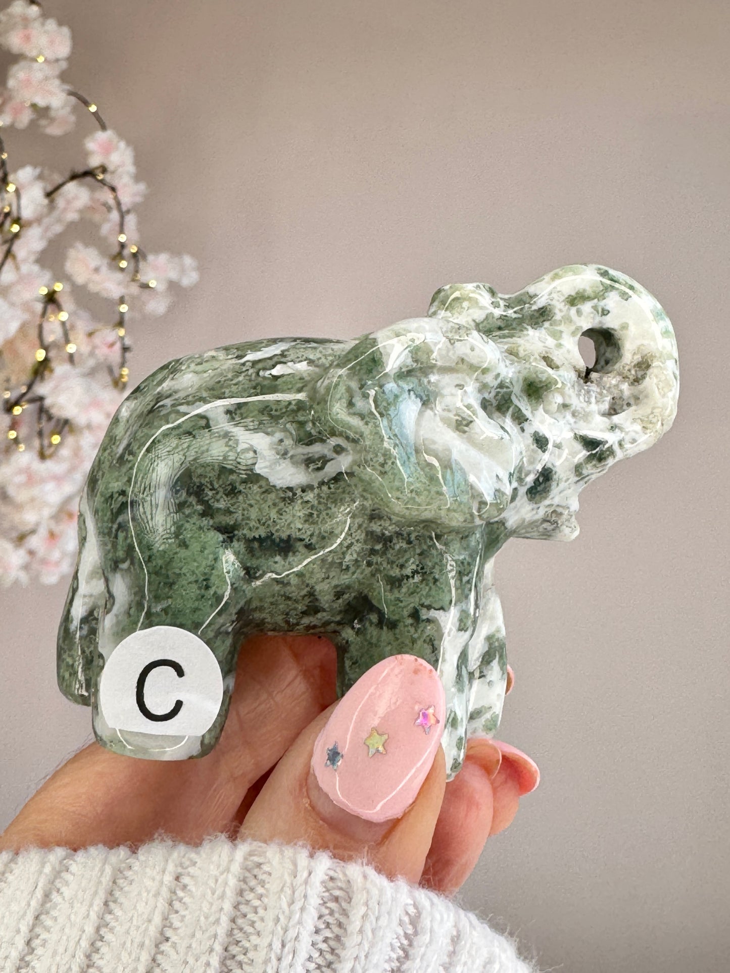 Hand Carved Moss Agate Elephant | Crystal Figurine | Choose Your Piece (A–K)