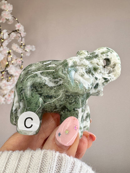 Hand Carved Moss Agate Elephant | Crystal Figurine | Choose Your Piece (A–K)