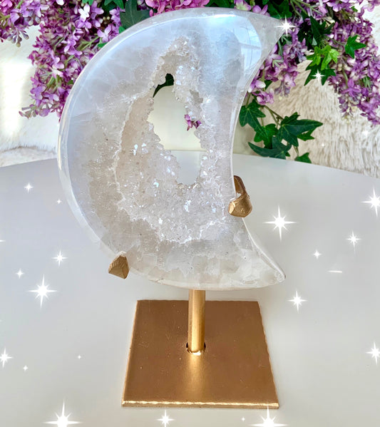 Beautiful Aura Druzy Crescent Moon on Gold Stand