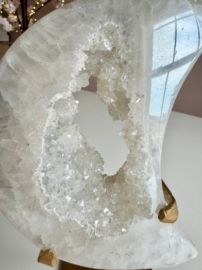 Beautiful Aura Druzy Crescent Moon on Gold Stand