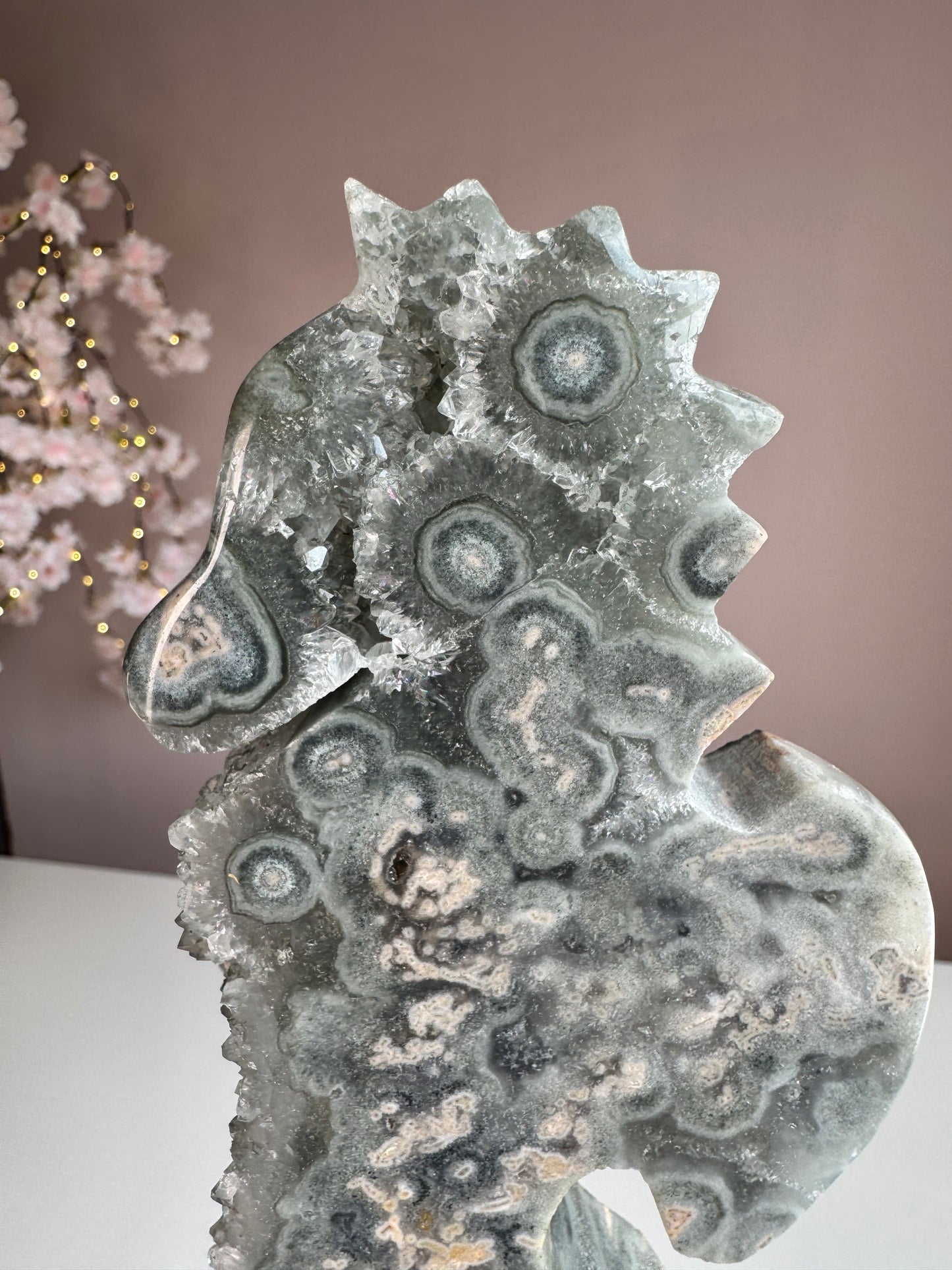 Green Amethyst Druzy Seahorse with Natural Stalactites
