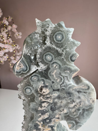 Green Amethyst Druzy Seahorse with Natural Stalactites