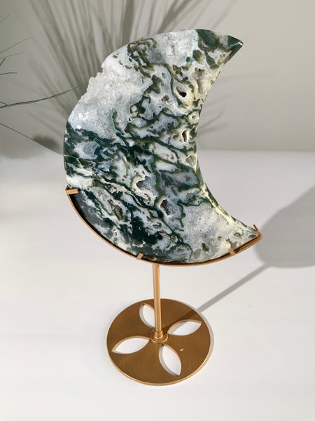 Large Beautiful Moss Agate Moon on Stand | Grounding • Growth • New Beginnings
