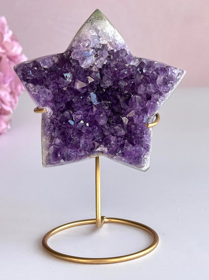 Amethyst Druzy Star on Gold Stand