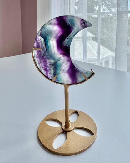 Rainbow Fluorite Moon on Gold Stand-0